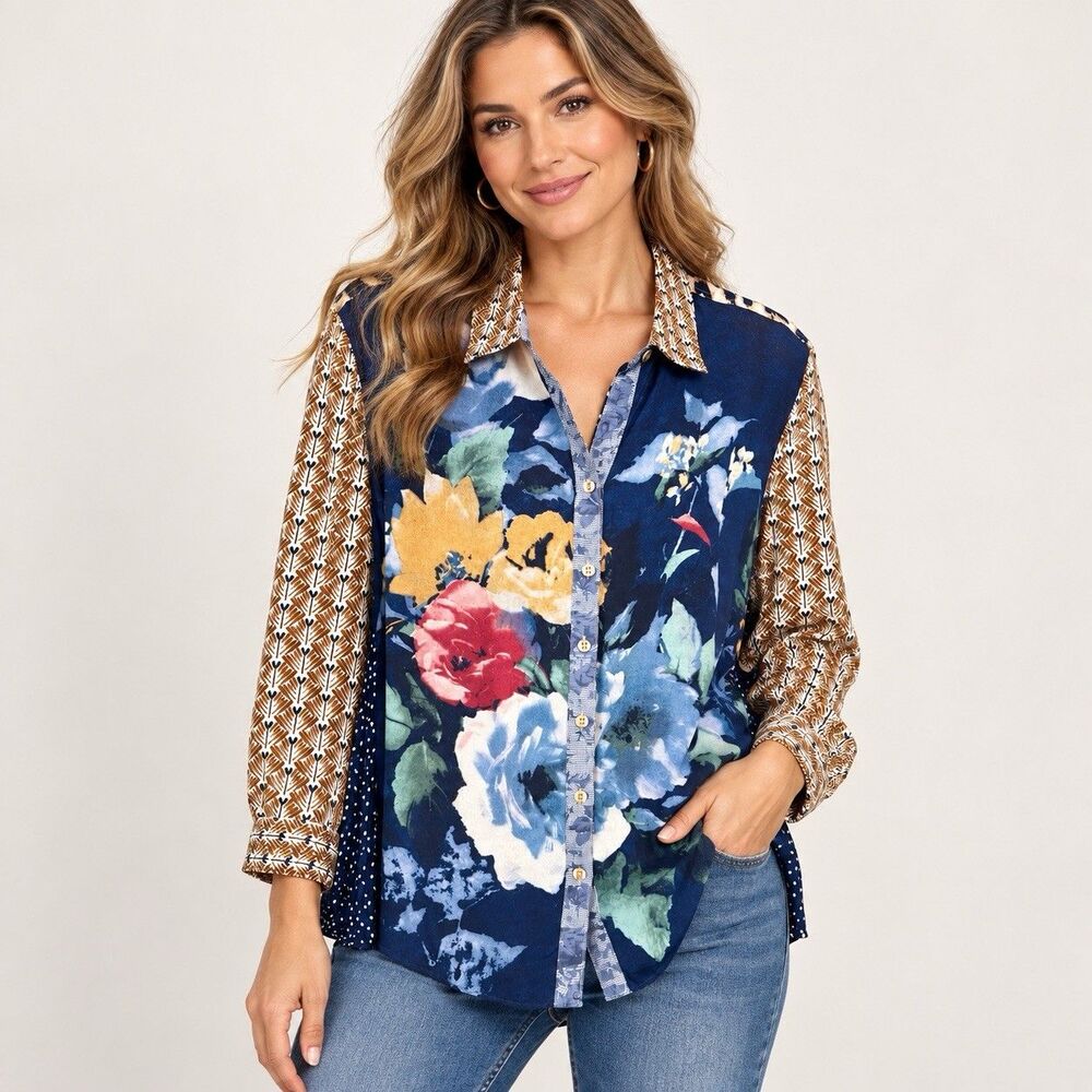 John Mark Artsy Floral Button Front Flory Shirt 2X Pleated Back Boho Lagenlook